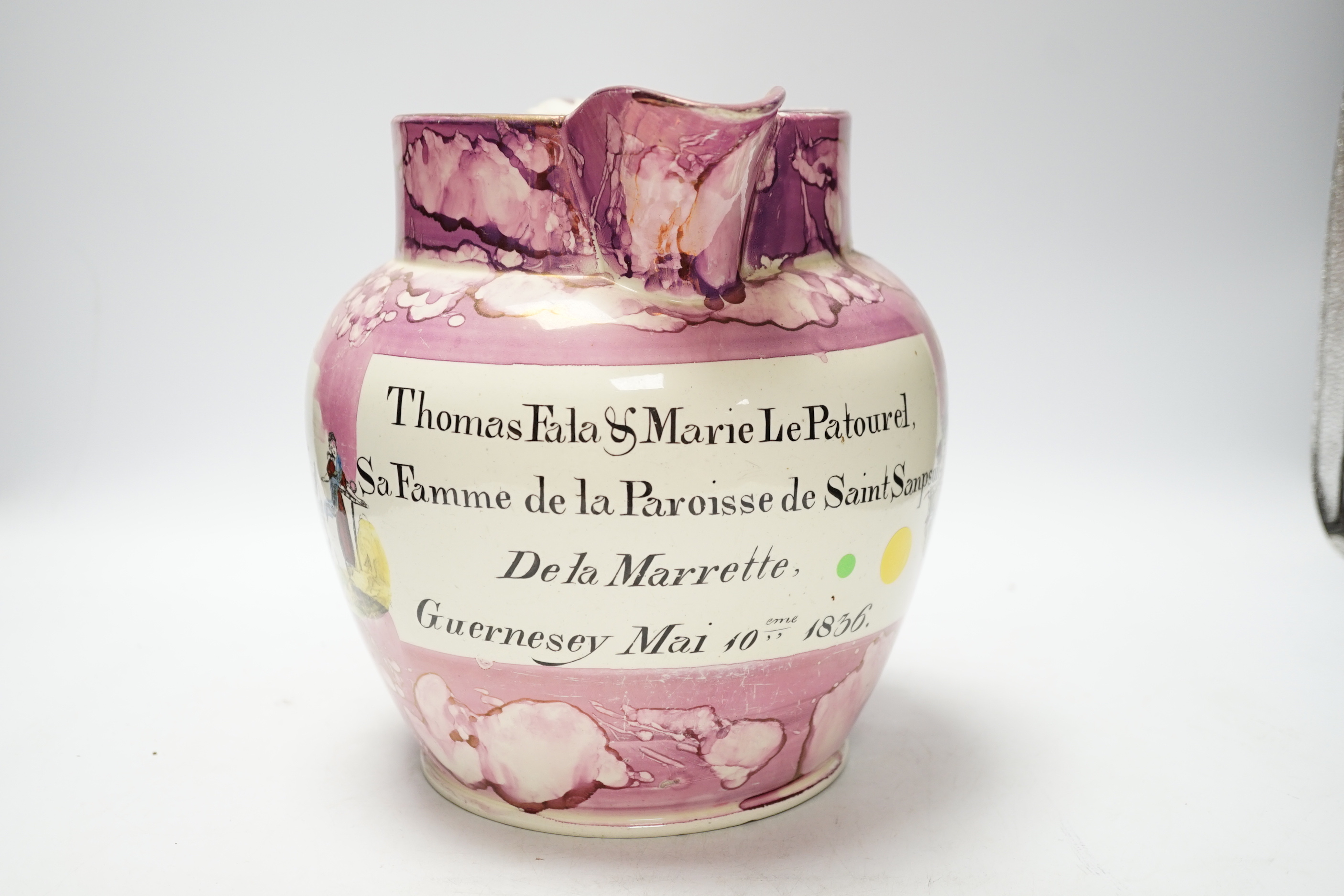 A William IV Sunderland pink lustre jug, with a printed view of the Iron Bridge, Sunderland and an inscription - ‘’Thomas Fala & Marie Le Patourel…Saint Sampson De la Marrette, Guernsey Mai 10, 1836’’, (restored), 23cm